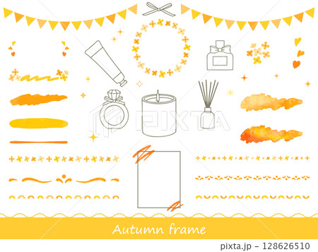 金木犀の香りがしそうな秋の水彩風フレームやあしらいのイラスト素材セット 金木犀の香りがしそうな秋の水彩風フレームやあしらいのイラスト素材セット 128626510