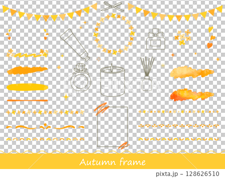 一組秋天水彩風格框架和裝飾品的插圖,聞起來像桂花 一組秋天水彩風格框架和裝飾品的插圖,聞起來像桂花 128626510