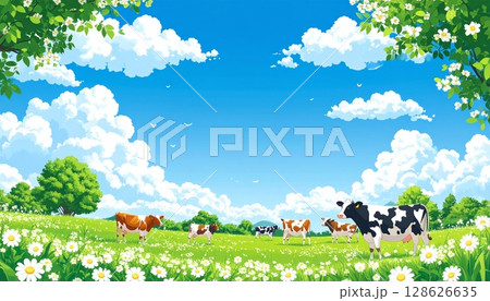 青空背景の高原の牧場と牛1 128626635