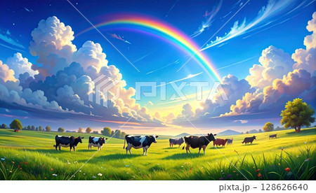 青空背景の高原の牧場と牛6 青空背景の高原の牧場と牛6 128626640
