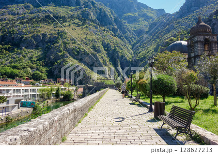 at the top of ancient walls of Kotor fortress in Kotor bay, Montenegro 128627213