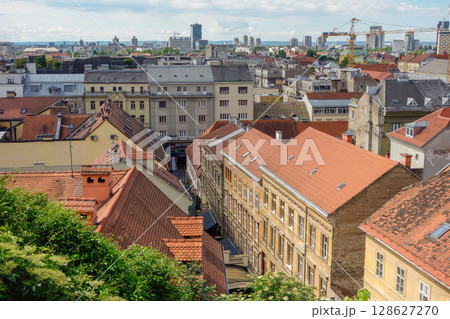 Zagreb, Croatia - 05.16.2025: rooftops of ancient buildings in old town, cityscape 128627270