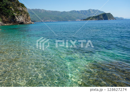 Mogren beach in Budva riviera, coast of Montenegro 128627274