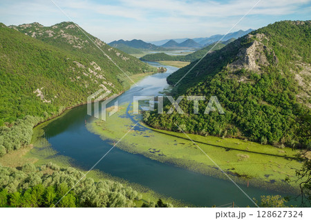 wide view of river Crnojevica and Lake Skadar from Pavlova Strana lookout, Montenegro wide view of river Crnojevica and Lake Skadar from Pavlova Strana lookout, Montenegro 128627324