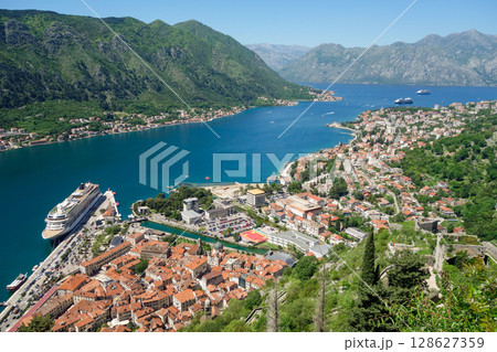 aerial panoramic over Kotor bay on the coast of Montenegro, in Adriatic Sea 128627359