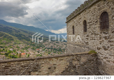 view from the upper area of Gjirokaster castle in Albania, and cityscape as backdrop 128627367