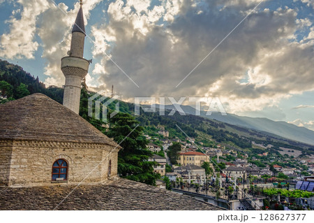 cityscape of Gjirokaster in Albania, with Ottoman architecture preserved on the World Heritage List cityscape of Gjirokaster in Albania, with Ottoman architecture preserved on the World Heritage List 128627377