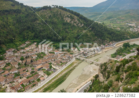 panoramic view of Berat city and Osum river in Albania. a Unesco World Heritage Site panoramic view of Berat city and Osum river in Albania. a Unesco World Heritage Site 128627382