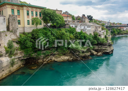 cityscape of Mostar and Neretva river, in Bosnia and Herzegovina 128627417