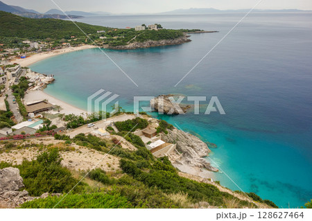 aerial view of Jale Beach in Himara, Albanian riviera. beautiful coastline in Ionian sea 128627464