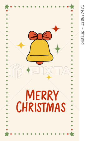 Charming vector illustration of a Christmas bell with red bow and hand drawn Merry Christmas text. Ideal for holiday greeting cards, seasonal design, or festive decor 128627471