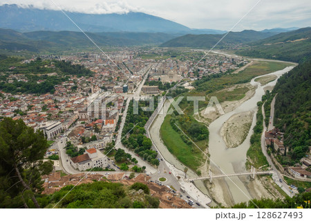 aerial panoramic view of Berat city in Albania. a Unesco World Heritage Site aerial panoramic view of Berat city in Albania. a Unesco World Heritage Site 128627493