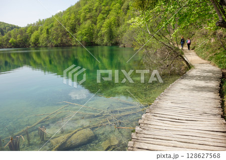 wooden platform between lakes of Plitvice Lakes National Park in Croatia wooden platform between lakes of Plitvice Lakes National Park in Croatia 128627568