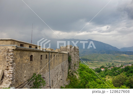 fortified walls of the old castle of Gjirokaster in Albania, Europe fortified walls of the old castle of Gjirokaster in Albania, Europe 128627608