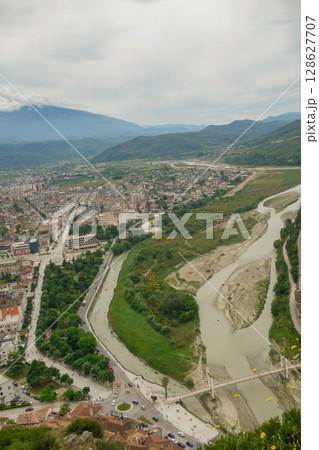 aerial panoramic view of Berat city in Albania. a Unesco World Heritage Site aerial panoramic view of Berat city in Albania. a Unesco World Heritage Site 128627707