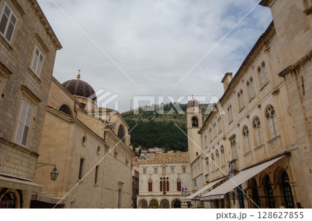 Dubrovnik, Croatia: ancient architecture in Stradun main street of the old town Dubrovnik, Croatia: ancient architecture in Stradun main street of the old town 128627855