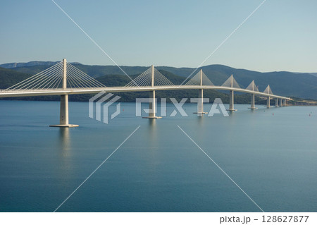 Peljesac Bridge, a cable stayed bridge in Dubrovnik Neretva County, Croatia. panoramic 128627877
