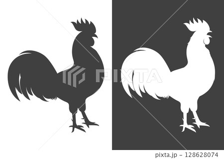 Rooster Silhouette Vector Illustration. Black and White Rooster Silhouette Set. Farm Animal Rooster Icon, Rustic Rooster Graphic for Farm Logo, Poultry Decor, Vintage Rooster Vector Illustration 128628074