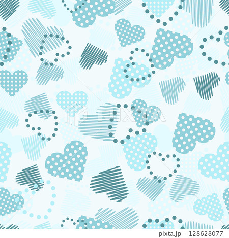 Soft Pastel Blue Seamless Pattern with Scribbled and Dotted Hearts Soft Pastel Blue Seamless Pattern with Scribbled and Dotted Hearts 128628077