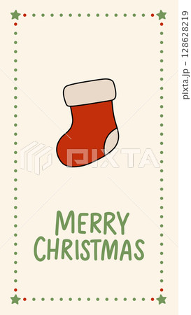 Cute vector illustration of a Christmas stocking with hand drawn text and festive border. Perfect for holiday greeting cards, gift tags, or seasonal decorations Cute vector illustration of a Christmas stocking with hand drawn text and festive border. Perfect for holiday greeting cards, gift tags, or seasonal decorations 128628219
