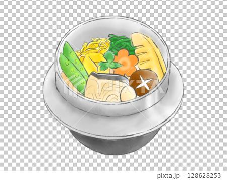 Hand-drawn watercolor illustration of rice cooked in a pot 128628253