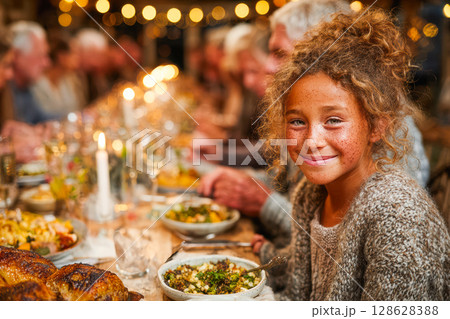 Young girl smiling at a festive dinner table with delicious food and warm ambient lighting 128628388