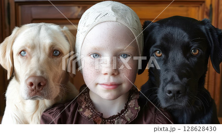 Young girl with light hair and freckles poses with two friendly dogs in a cozy indoor setting 128628430