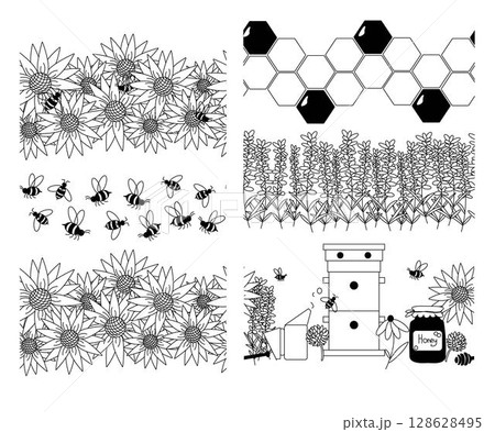 Honey, bees, honeycombs, flowers Horizontal seamless border set. Vector graphic line illustration. For poster, invitation, backdrop, ad, sale promotion, print for t-shirt Natural food product. Honey, bees, honeycombs, flowers Horizontal seamless border set. Vector graphic line illustration. For poster, invitation, backdrop, ad, sale promotion, print for t-shirt Natural food product. 128628495