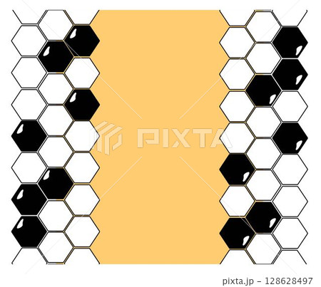 Hexagon, honeycomb vertical seamless border frame template. Vector graphic line illustration. Pattern with no strokes. Asset for photo collage, montage or clipping mask. 128628497