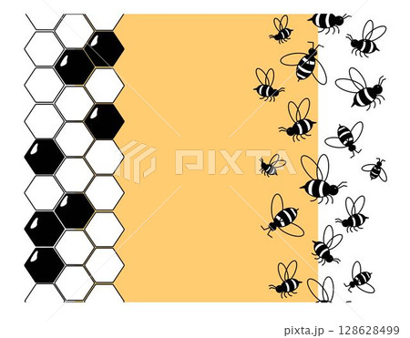 Bees and honeycombs vertical seamless border frame template. Vector graphic line illustration. Apiculture decoration, beekeeping frame. Cartoon insects flying in abstract bloom. 128628499