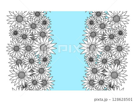 Sunflower vertical seamless border frame template. Vector graphic line illustration. Banner, poster, wrapping paper, sticker, print, modern textile design. invitation card set Sunflower vertical seamless border frame template. Vector graphic line illustration. Banner, poster, wrapping paper, sticker, print, modern textile design. invitation card set 128628501