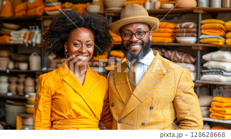 Stylish couple in matching yellow outfits posing in a vibrant home decor store interior 128628668