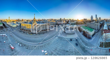 Yekaterinburg City Administration or City Hall. Central square. Evening city in the early spring, Aerial View. 128628865