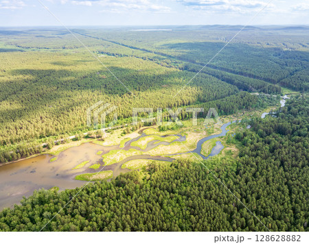 Aerial view of lake or river green shore with forest. Summer season. Aerial view of lake or river green shore with forest. Summer season. 128628882
