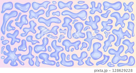 Blue glossy water liquid shapes, droplets background with psychedelic fluid blobs. Bundle of monochrome y2k bubbles with light 3D effect. Set of intense amorphous blots Blue glossy water liquid shapes, droplets background with psychedelic fluid blobs. Bundle of monochrome y2k bubbles with light 3D effect. Set of intense amorphous blots 128629228