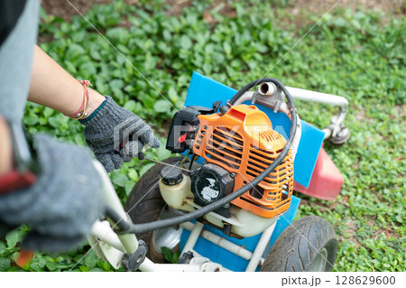 Gardener carefully mowing the green lawn with a modern lawn mower on a sunny day outdoors. 128629600
