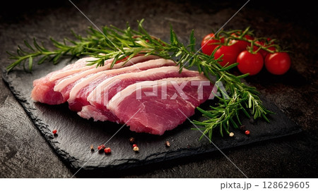 Fresh meat slices with rosemary and tomatoes, ready for cooking. Dark, moody food photography showcases culinary ingredients for a delicious meal. 128629605