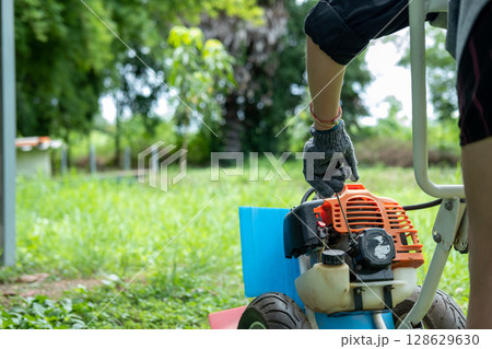 Gardener carefully mowing the green lawn with a modern lawn mower on a sunny day outdoors. 128629630