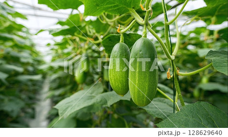 Cucumbers growing in a greenhouse. Fresh produce in a protected environment, showcasing healthy vegetable growth.  Abundant foliage and a controlled setting. 128629640