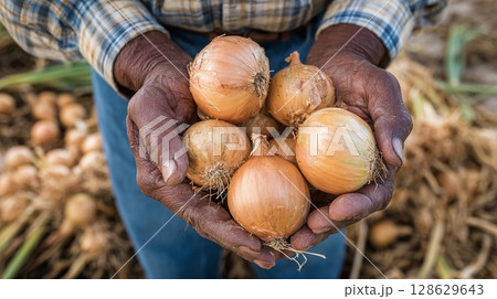 Farmer holding freshly harvested onions. Rich golden color. Plaid shirt, blue jeans. Represents agriculture and the bounty of harvest. 128629643