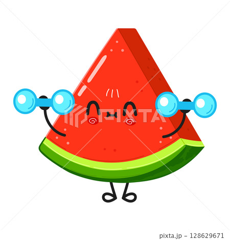 A cute watermelon character joyfully holding up binoculars ready to explore. A cute watermelon character joyfully holding up binoculars ready to explore. 128629671
