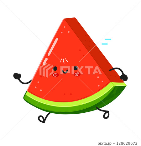 A cheerful watermelon slice cartoon character is running with a happy expression. A cheerful watermelon slice cartoon character is running with a happy expression. 128629672