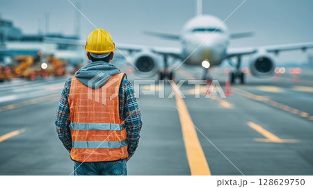 Airport worker overseeing airplane. Safety equipment ensures visibility. Focused on the plane in front of him. Aviation and ground operations. Airport worker overseeing airplane. Safety equipment ensures visibility. Focused on the plane in front of him. Aviation and ground operations. 128629750