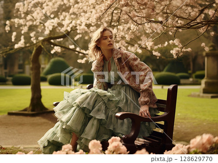 Beautiful woman sitting on bench in park wearing green fashion designer clothing.Macro.AI Generative 128629770