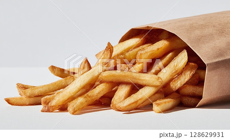 French fries spilling from a paper bag under bright light on a plain surface, creating inviting shadows and a mouthwatering fast-food aesthetic. 128629931