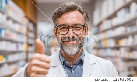 Friendly Pharmacist: A smiling man in a lab coat gives a thumbs up in a pharmacy setting. Professional healthcare with a personal touch. 128630006