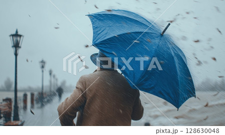 Weathering the Storm: A person braves a windy, rainy day with a blue umbrella, creating a scene of resilience against the elements. 128630048