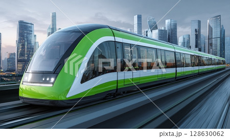 A modern green and white passenger train speeds through the city. High-speed rail offers efficient public transportation for modern urban commuting. A modern green and white passenger train speeds through the city. High-speed rail offers efficient public transportation for modern urban commuting. 128630062