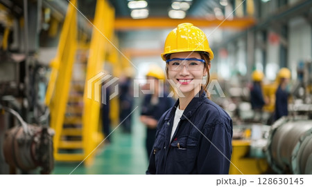 Confident female engineer in safety gear. A modern factory setting with yellow machinery. Empowerment in manufacturing. Confident female engineer in safety gear. A modern factory setting with yellow machinery. Empowerment in manufacturing. 128630145