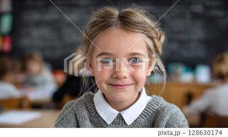 Bright-eyed student in school setting, captured in a close-up. Her kind smile radiates knowledge and joy in learning. Classroom environment with other children. Bright-eyed student in school setting, captured in a close-up. Her kind smile radiates knowledge and joy in learning. Classroom environment with other children. 128630174